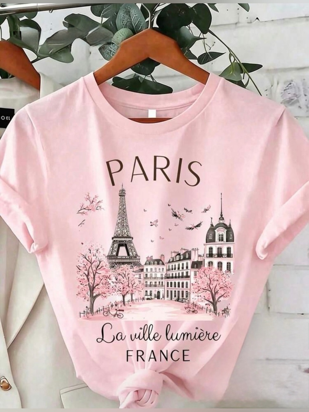 PARIS France T-shirt top pink white vacation S 4